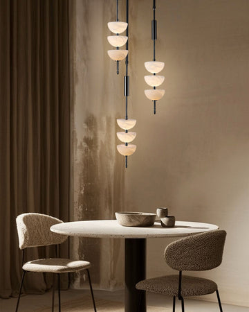 Alabaster Triple Half Spheres Vertical Suspension Lights Lacquered Burnished Brass/Bronze