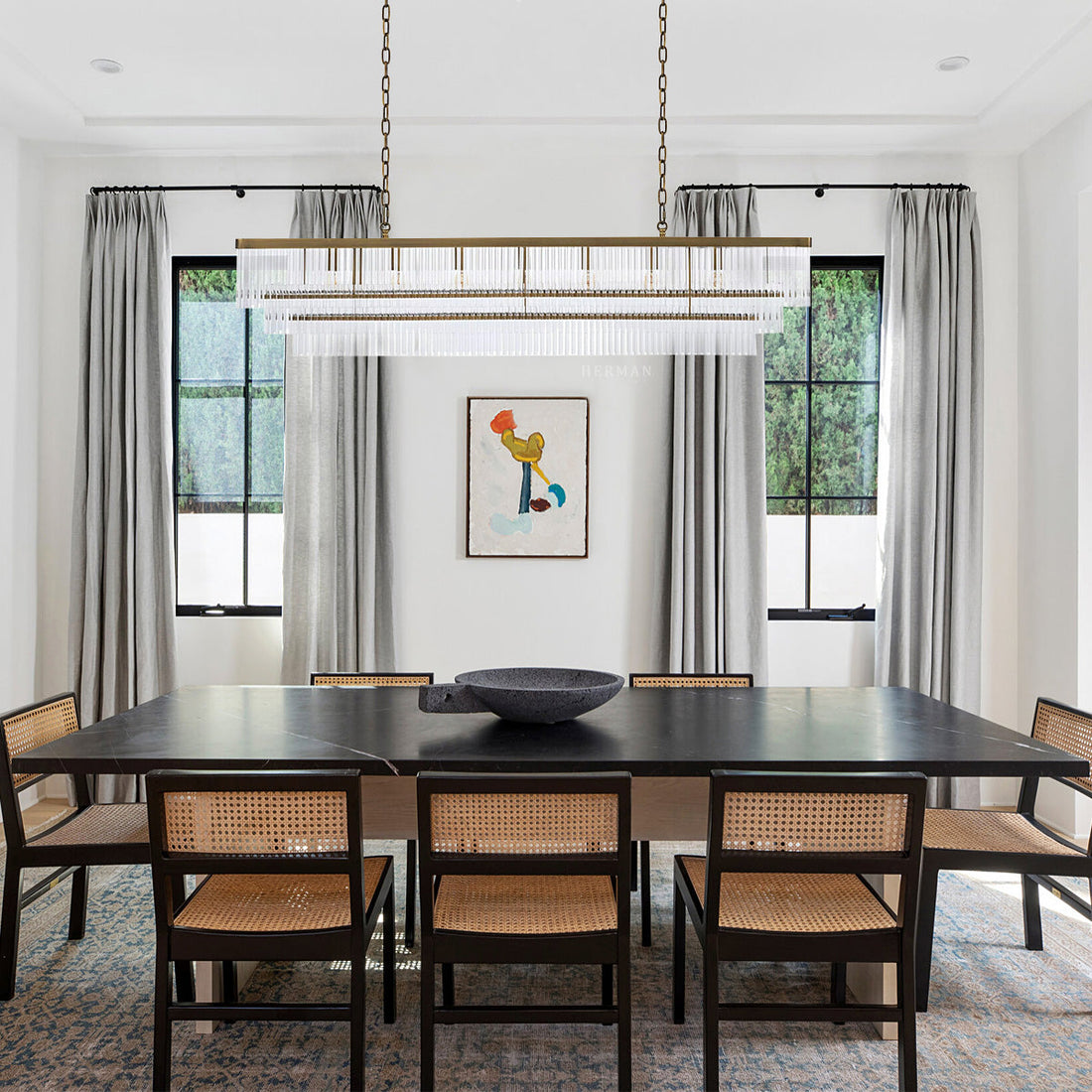 East Rectangle Modern Brass Glass Chandelier